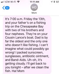 Texts From Mother: Friday the 13th & your Father's on a Fishing Trip